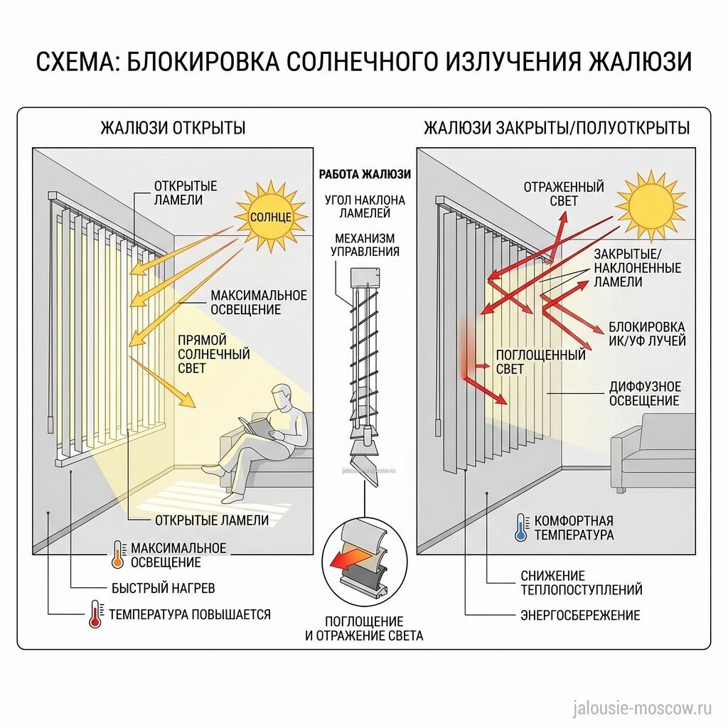 Блокировка солнечного излучения при помощи жалюзи