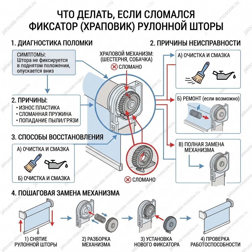 Что делать, если сломался фиксатор (храповик) рулонной шторы