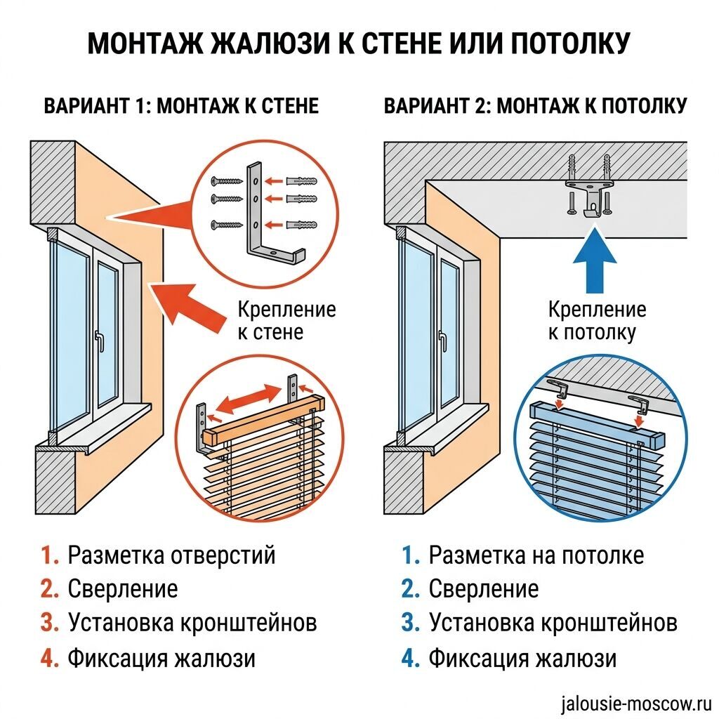 монтаж жалюзи к стене или потолку